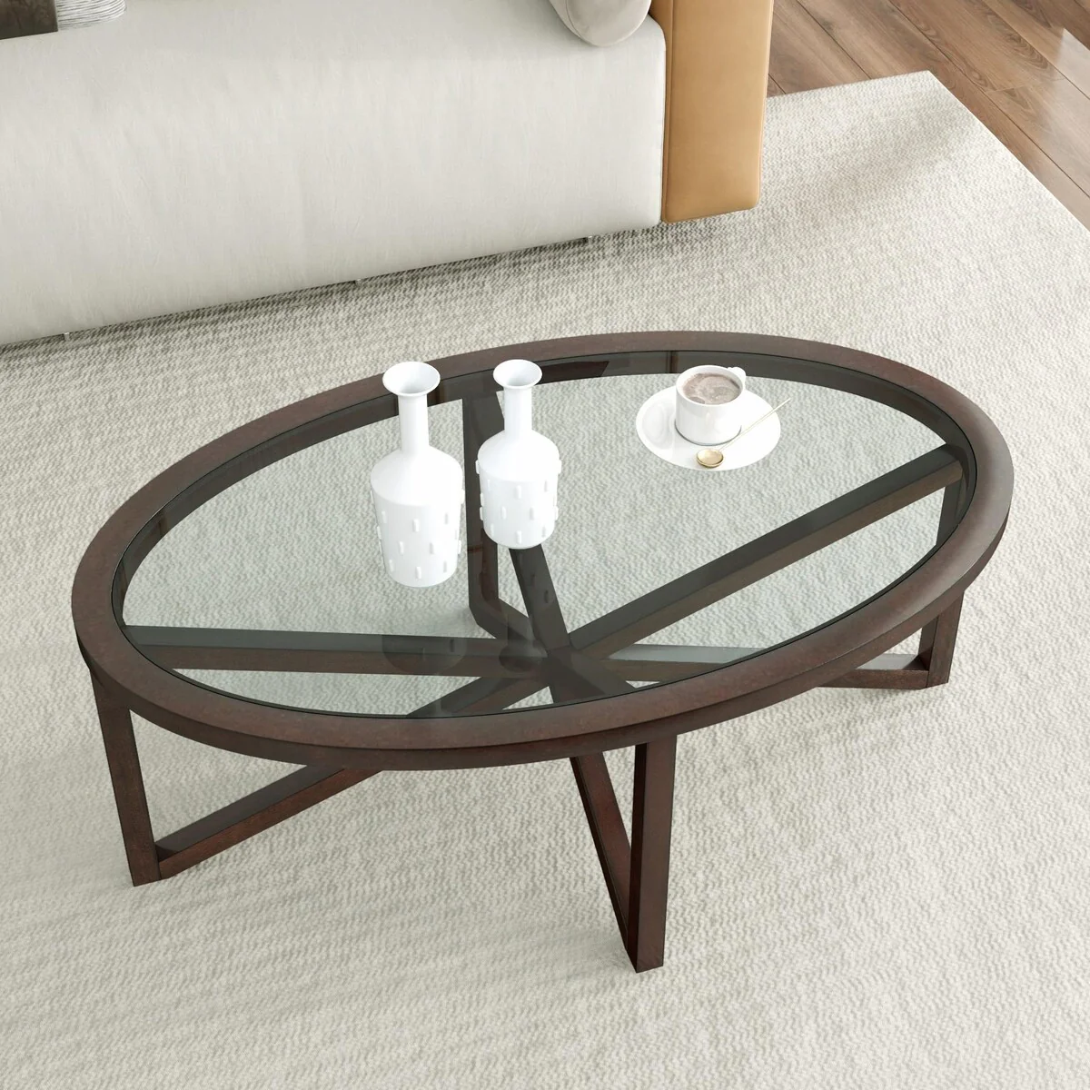 Modern Glass Coffee Table with Solid Wood Base and Tempered Glass Round Top