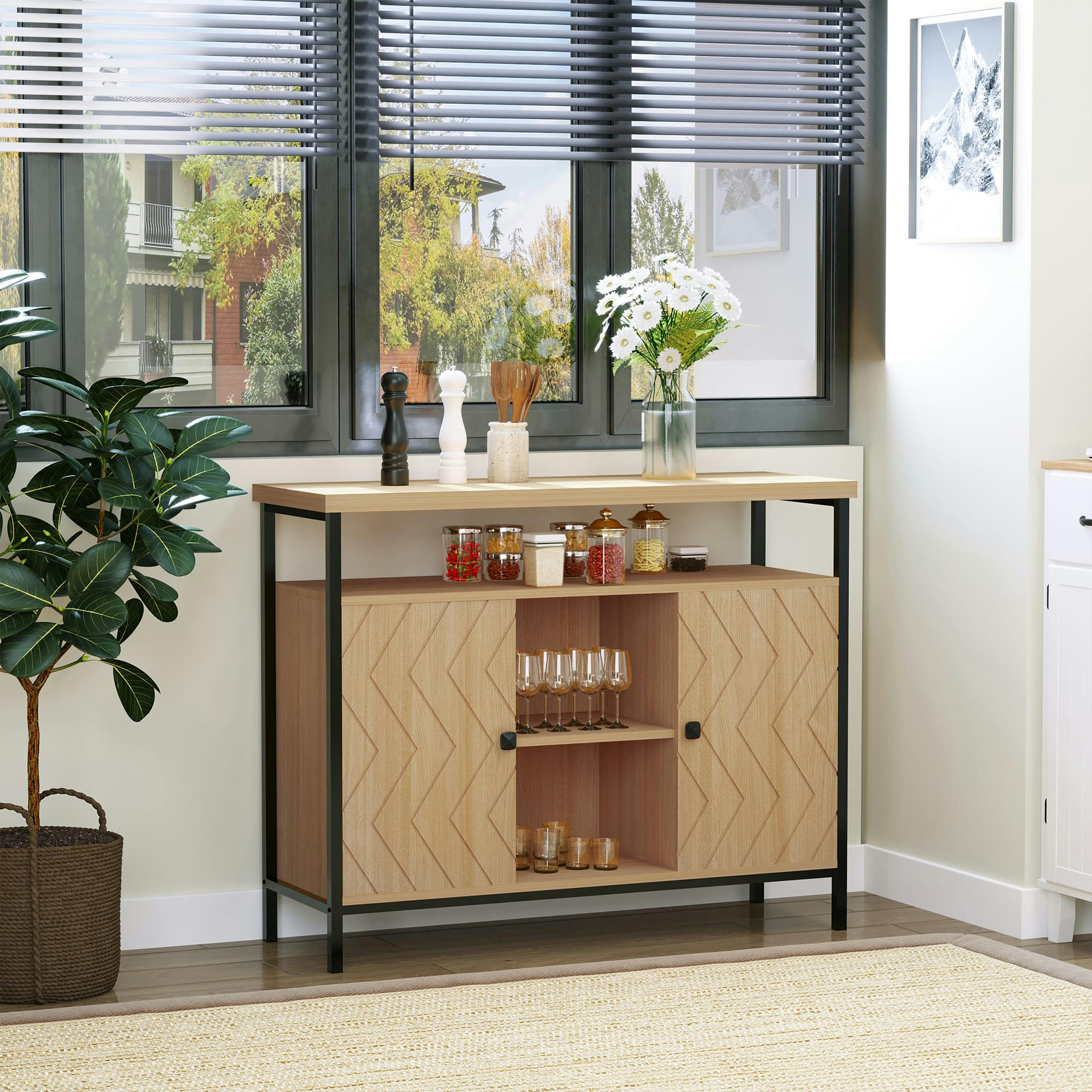 - Buffet style graphique 2 portes étagère 2 niches métal noir bois clair