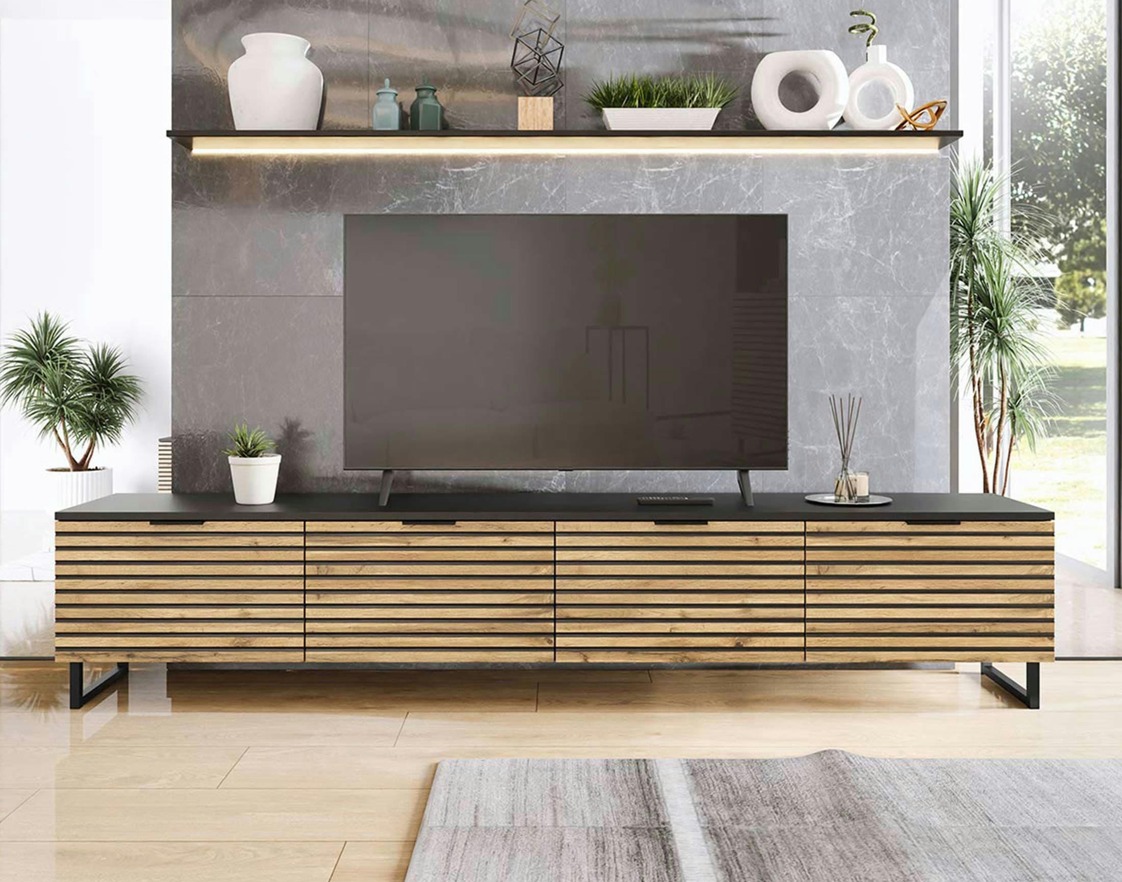 OLYMPIE - Meuble TV style contemporain 200 cm noir / bois