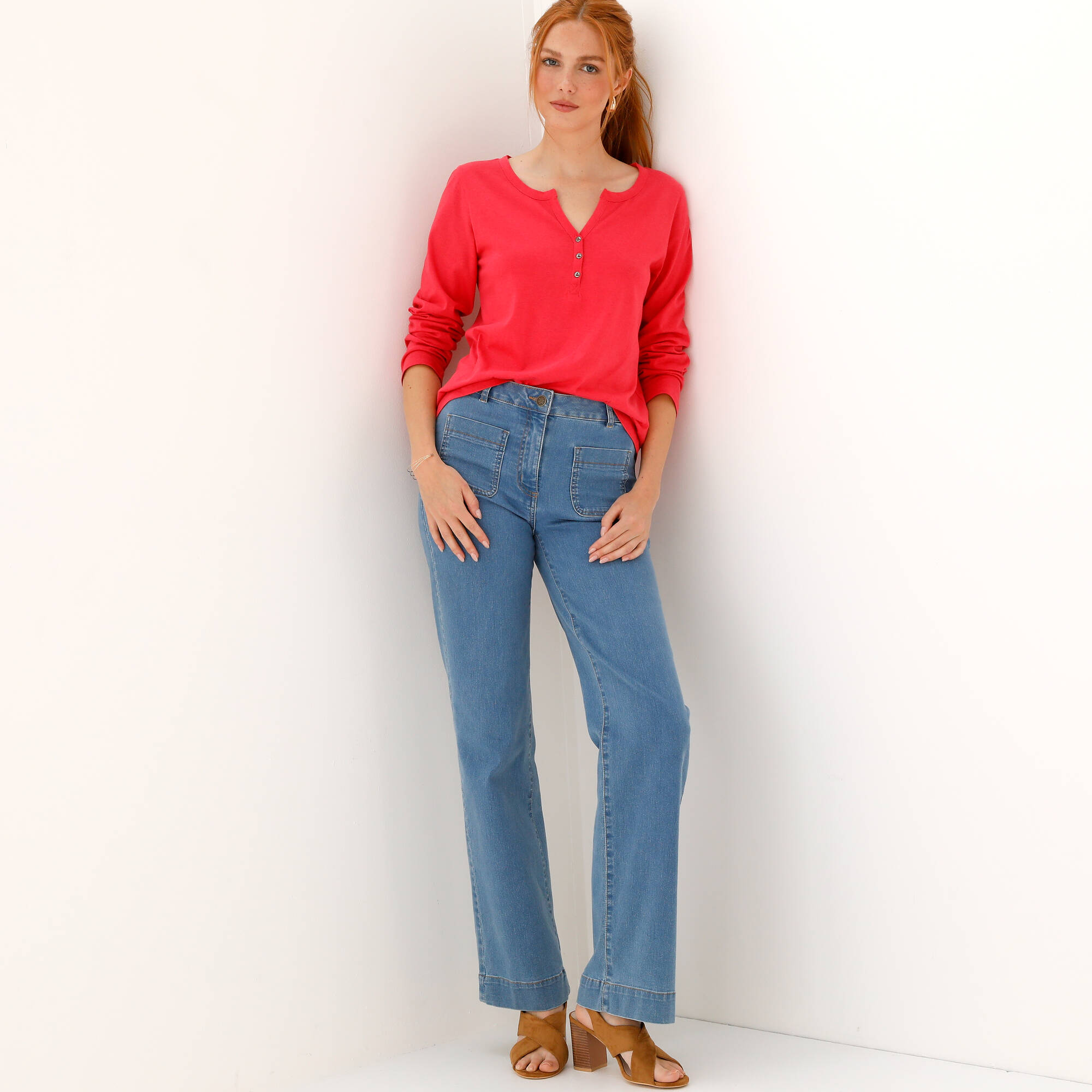 Tee-shirt col tunisien manches longues, uni