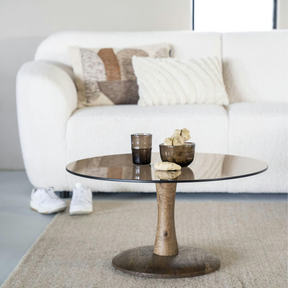 BOOGIE - Table basse ronde en verre et bois de manguier D70cm bois foncé