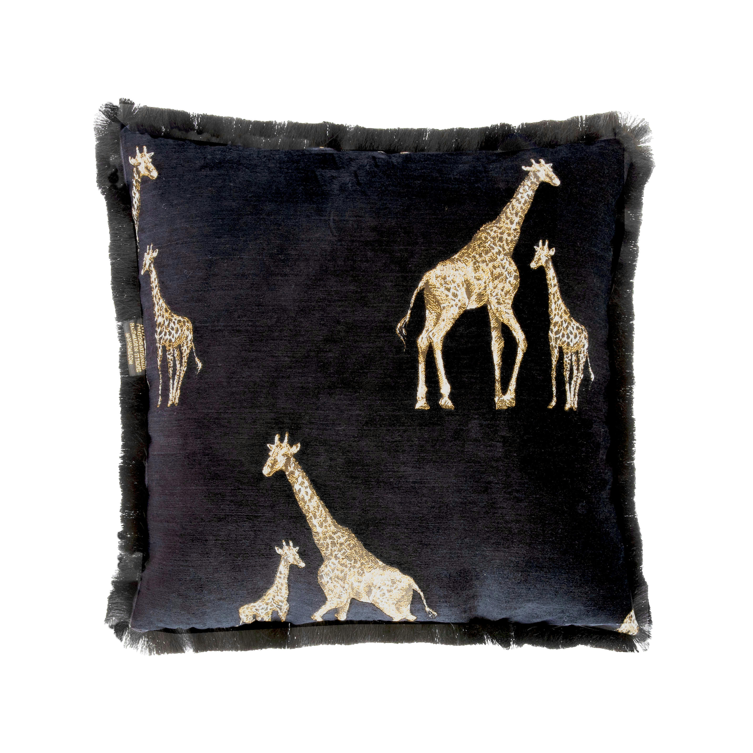 - Coussin velours noir avec girafes brodées et franges