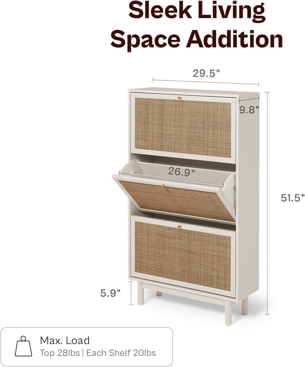 mopio Hannah Shoe Cabinet, Natural Rattan Farmhouse Shoe Storage Organizer, 3 Door Closet Rack for Entryway, Spacious Hallway Storage Cabinet with Doors & Shelves, Sturdy Solid Wood Legs (Whitewash)