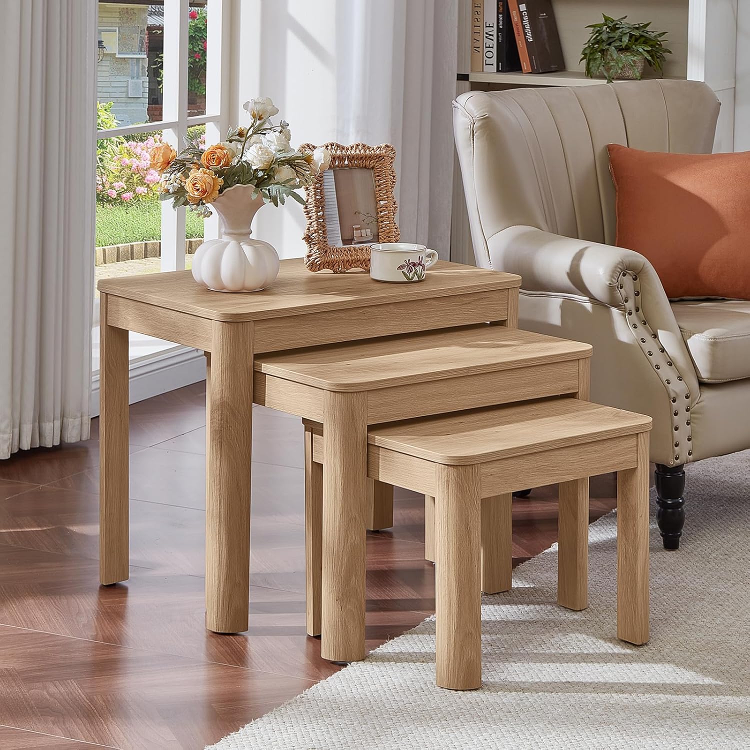Joaxswe Farmhouse Nesting Tables Set of 3, Living Room Table Set with Rounded Corners & 4 Thickened Table Legs, Natural Wood