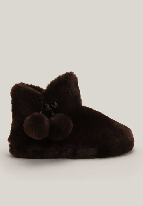 Womens Brown Faux Fur Pom Pom Slipper Boots