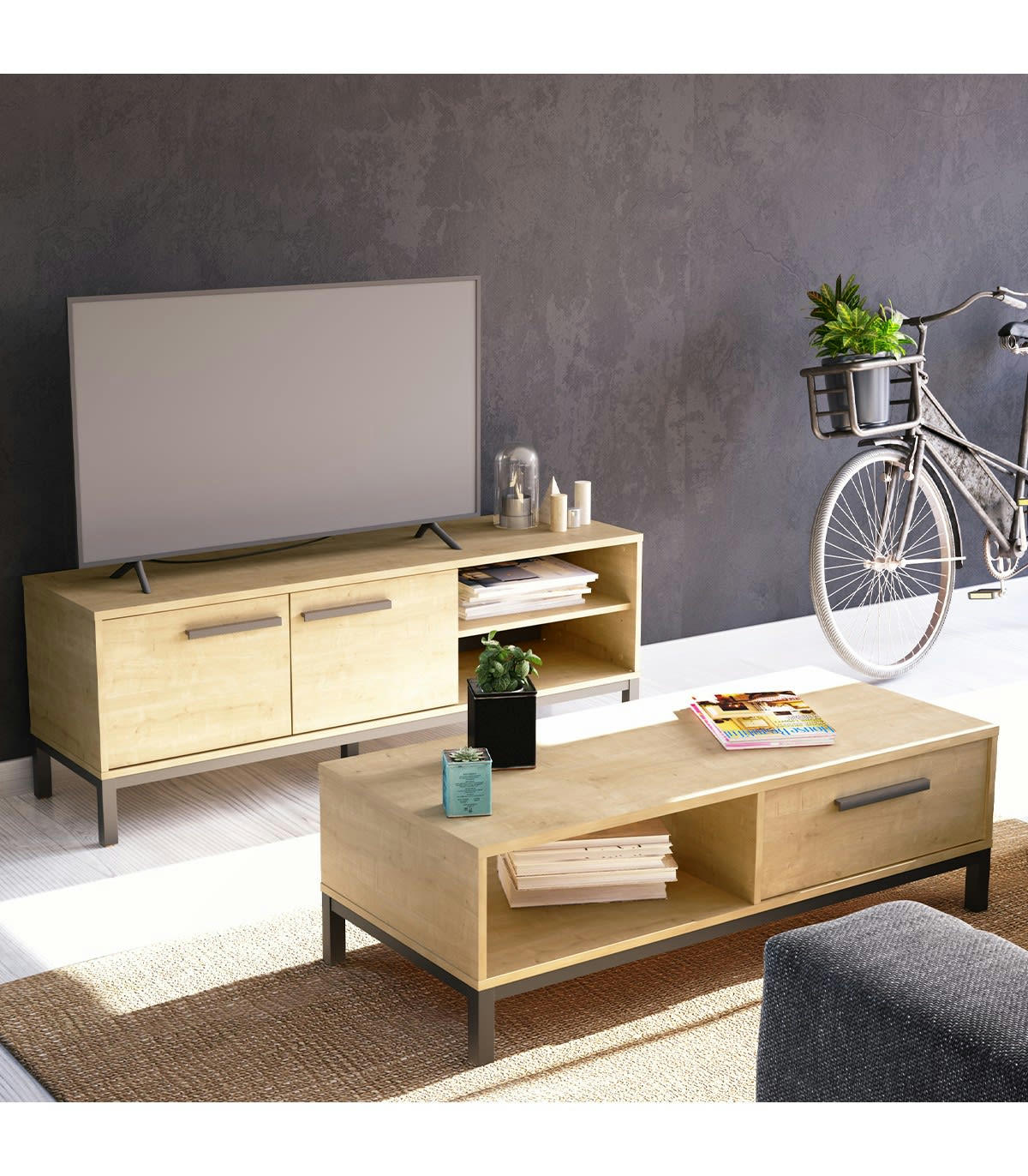 CRAFT - Table basse 1 tiroir et 1 niche décor chêne hamilton et noir