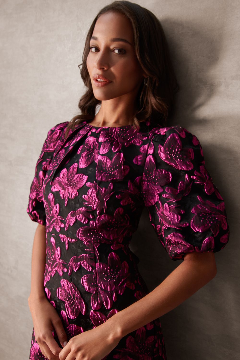 Blue Vanilla Luxe Puff Sleeve Jacquard Mini Dress