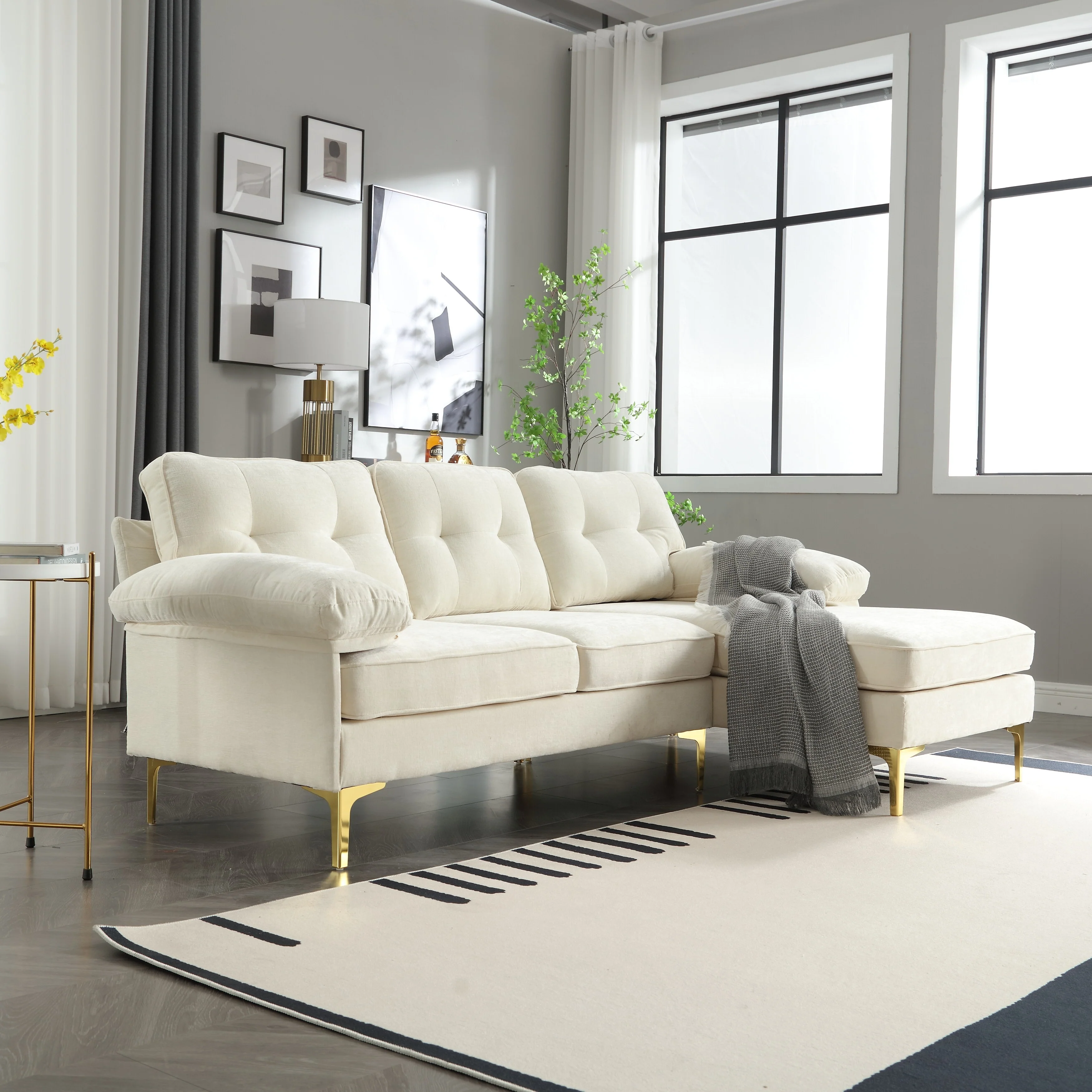 Beige 85 L-Shaped Fabric Sofa with Spring Cushions, High-Quality Wooden Frame, and Waist Pillows