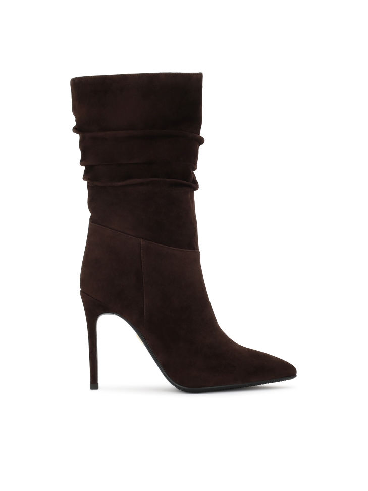 Brown suede boots with a slender heel