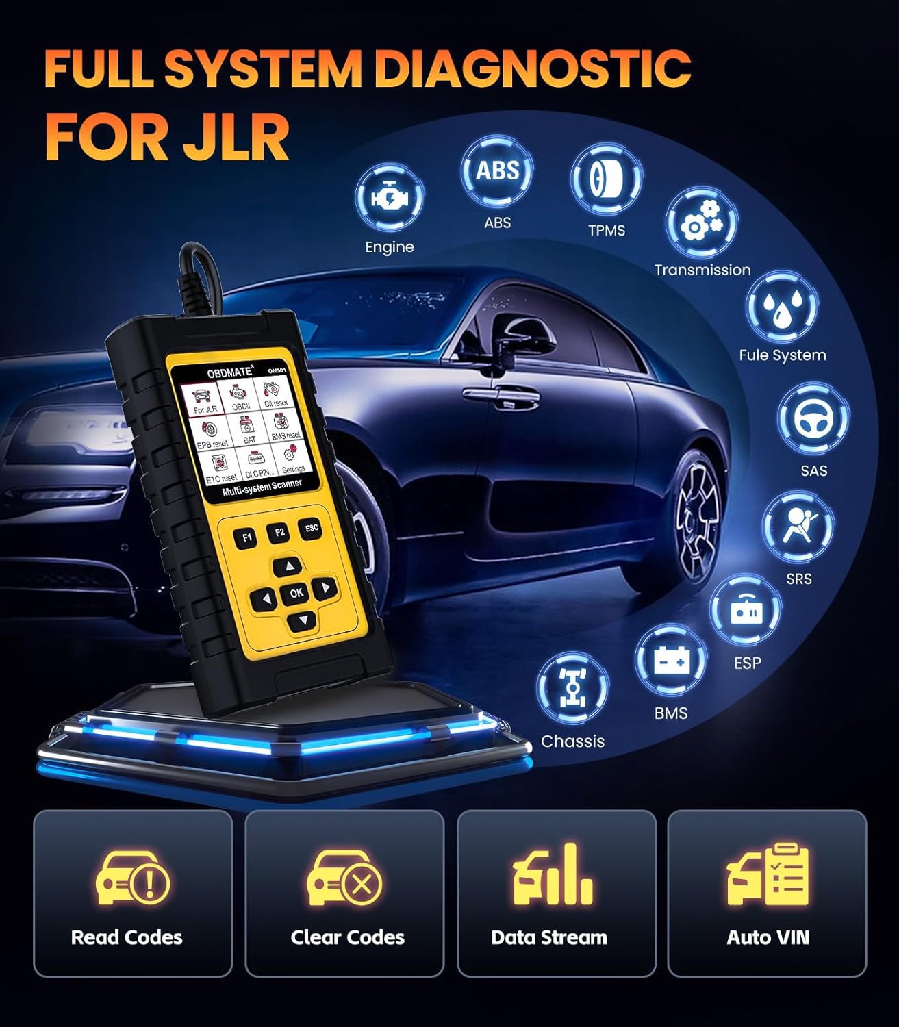 OBD2 Scanner for Jaguar/Land/Rover, OM501 All Systems Diagnostic Tool with 15 Resets (Oil/ETC/EPB/ABS/SAS/BAT Register...), Full OBDII Functions Read&Erase Fault Codes, Free Software Update