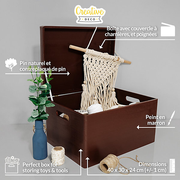 Creative Deco Boite de Rangement en Bois Marron 40 x 30 x 24 cm ( /-1cm) - Couvercle et Poignées - Boîte Souvenirs - Boîte à Jouet