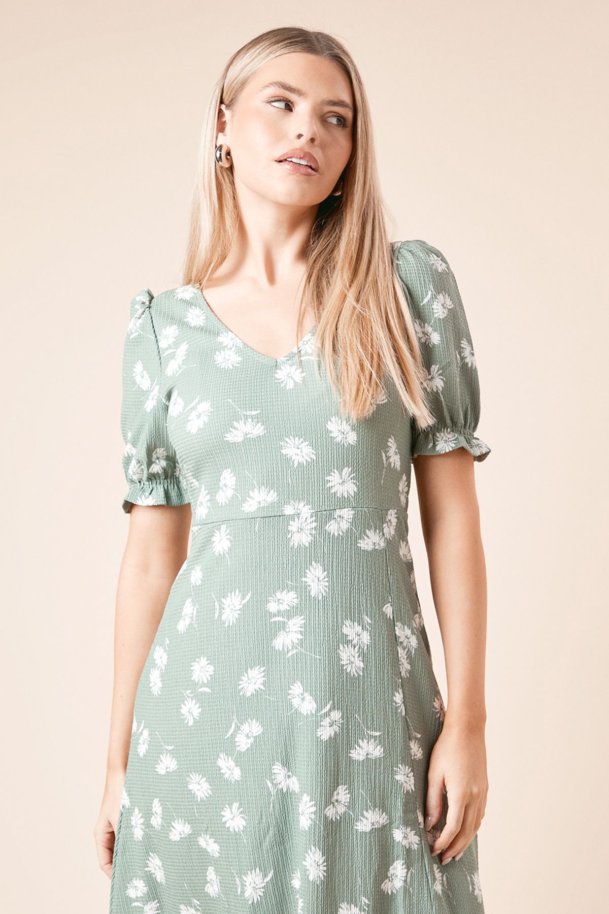 Dorothy Perkins Khaki Ditsy Print Short Sleeve Jersey Midi Dress