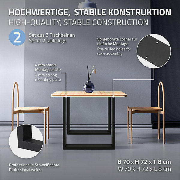 Lot de 2 pieds de table ECD Germany forme rectangulaire 70x72 cm noir acier revêtu par poudre