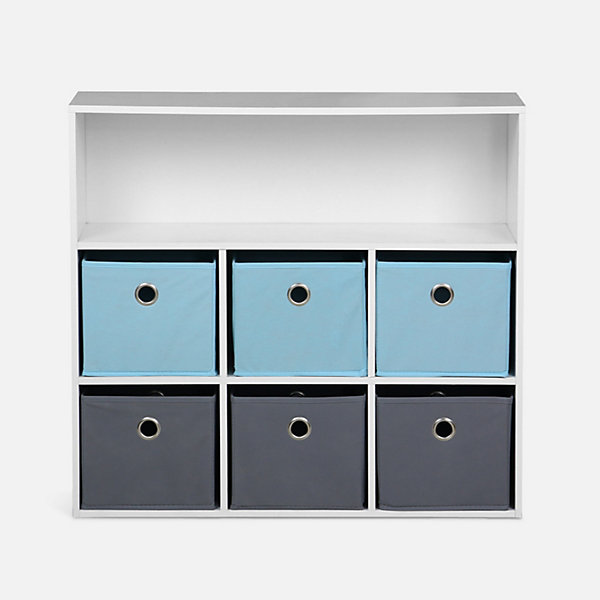 Meuble de rangement pour enfant. blanc - Camille - avec 7 compartiments et 6 paniers gris et bleus