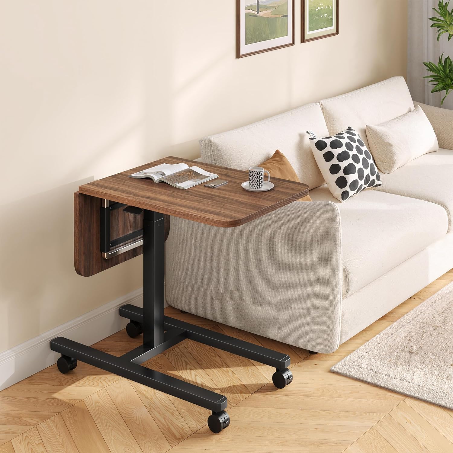 Homkdom C Shaped Table with Wheels, Side End Table with Extended Desktop, Adjustable Rolling Desk for Small Space, Dorm, Height Adjustment (29.5-44), Walnut Brown