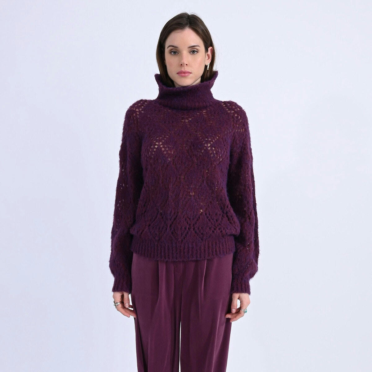 Pull col roulé maille ajourée