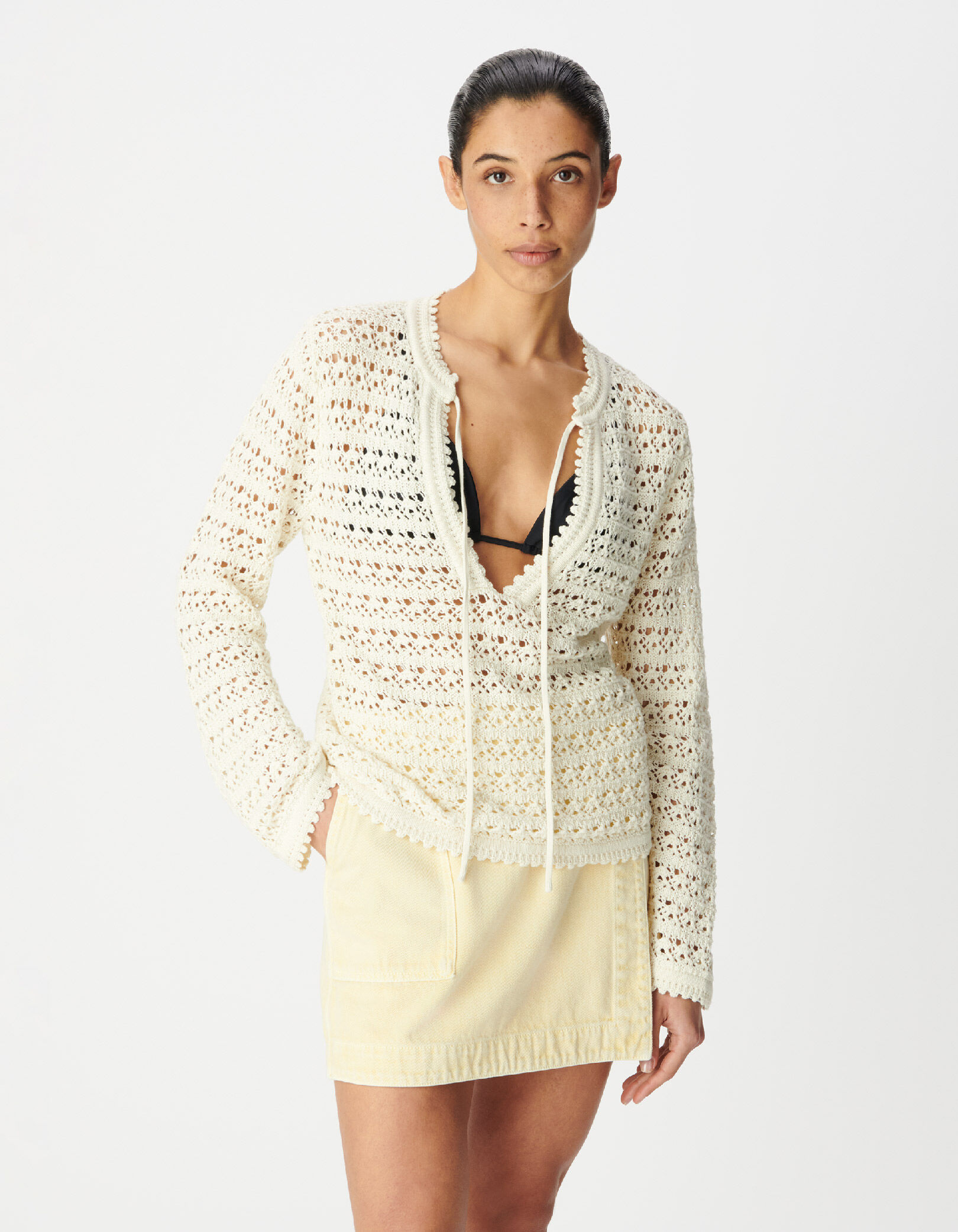 Pull blanc tricot crochet ajouré Femme