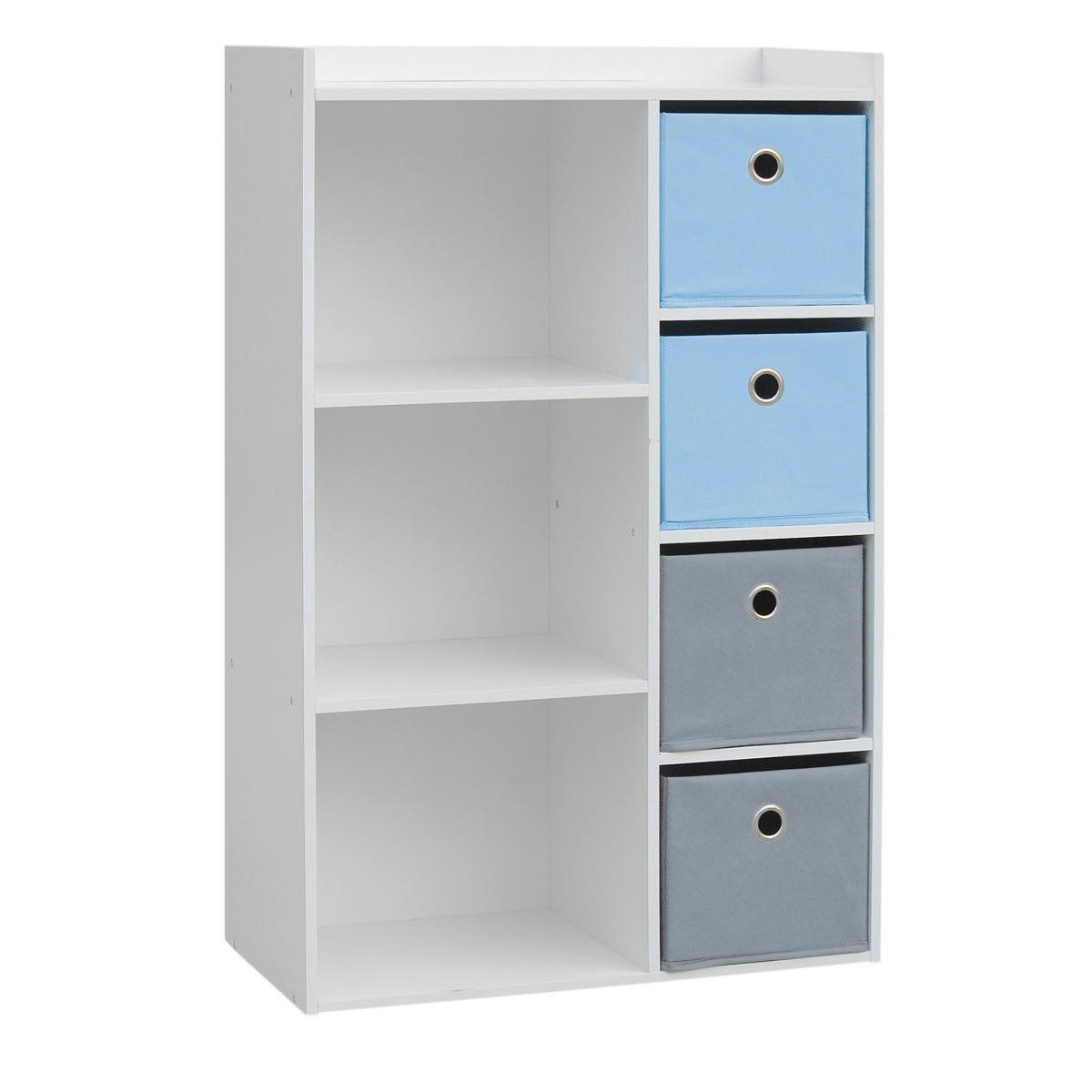- Meuble de rangement chambre enfant blanche 4 paniers bleus et gris