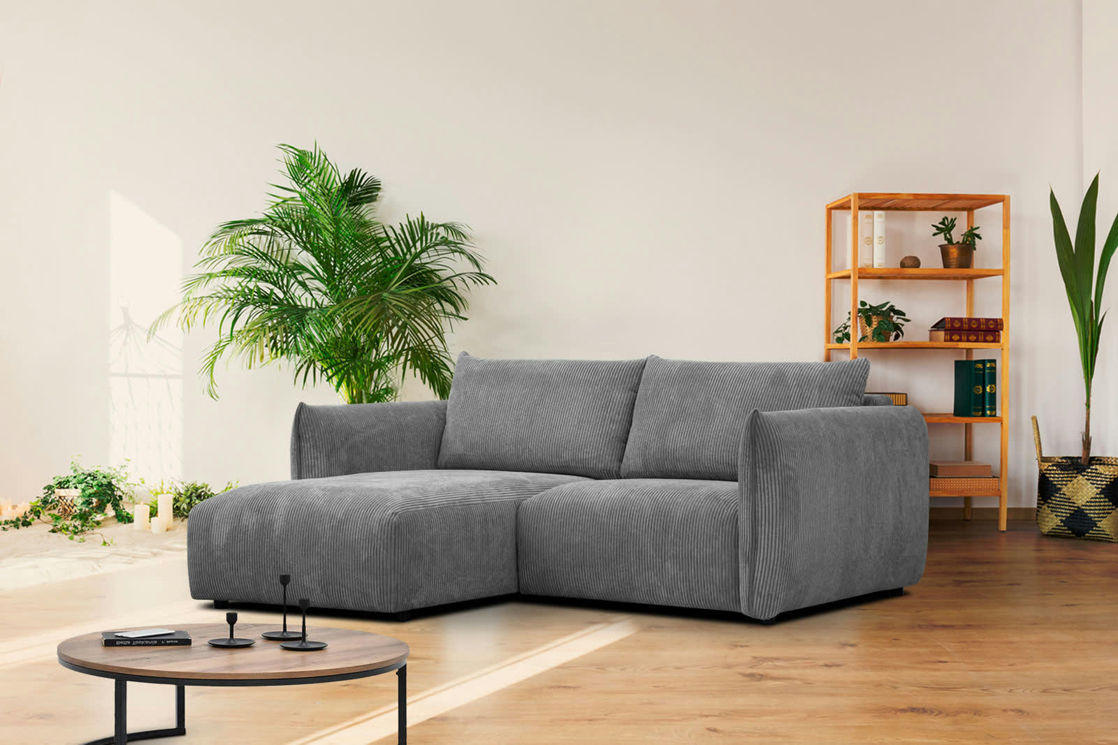 TAUER - Canapé d'angle gauche 3 places tissu gris foncé