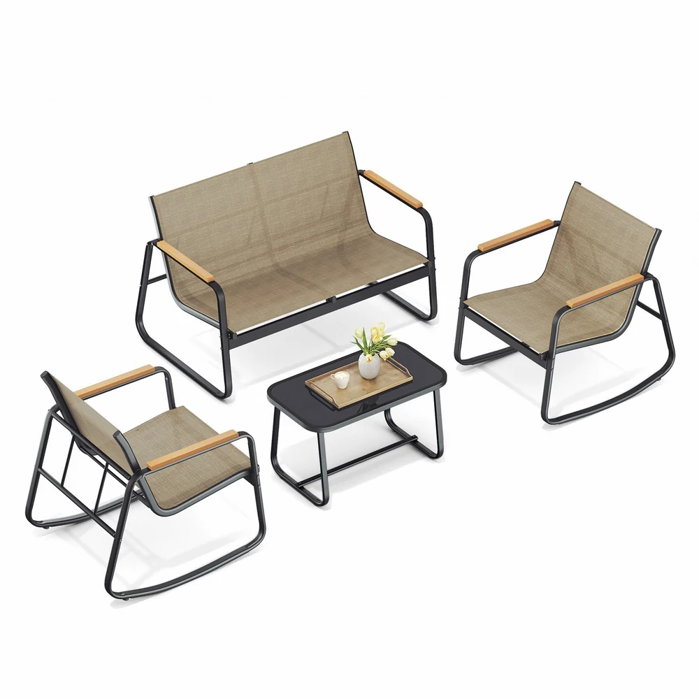 Salon de jardin avec fauteuils table et banc confortables