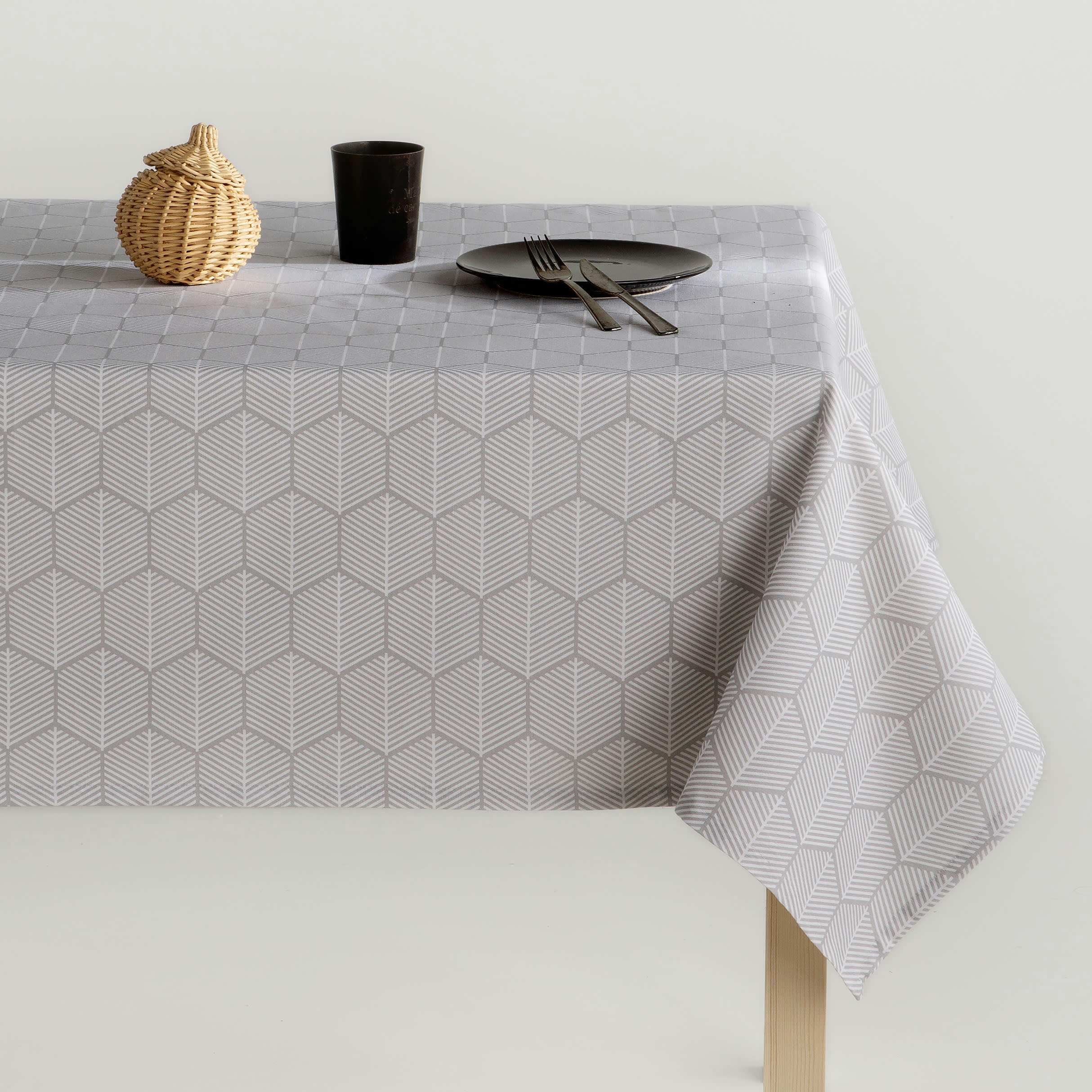 ZAFIR GRIS - Nappe en coton biologique antitâche gris géométrique 140x140 cm