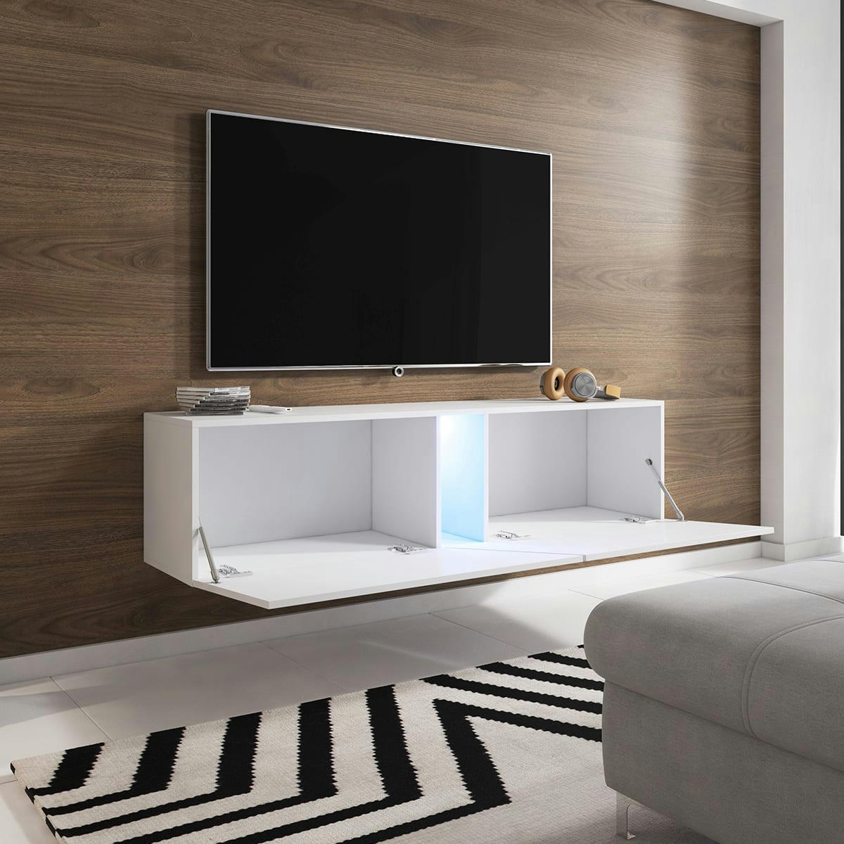 - Meuble tv sur pied ou mural 2 portes 160 cm avec led blanc