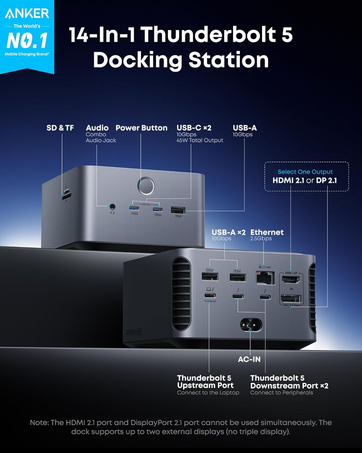 Anker Prime TB5 Docking Station  14-in-1 Thunderbolt 5 Dock with 120Gbps Max Transfer  Thunderbolt Dock with 140W Max Charging  Cooling System  Up to 8K  Dual Display for TBT 5/4 Laptops