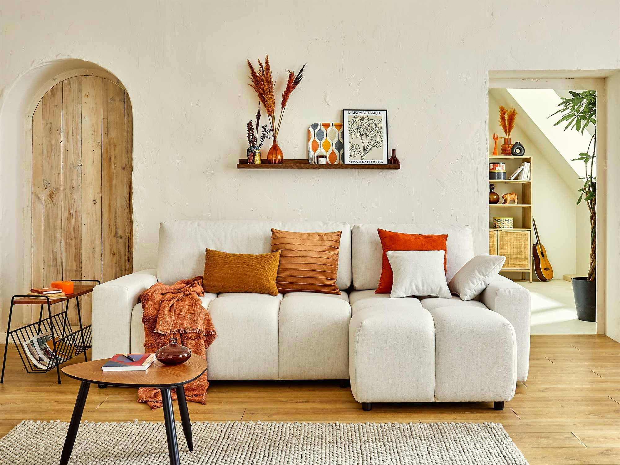 CROCUS - Canapé d'angle réversible convertible 4 places en tissu beige