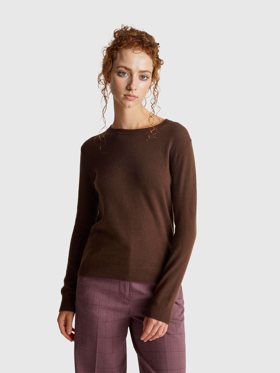 Brown crew neck sweater in Merino wool
