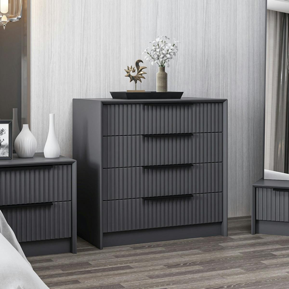 Commode moderne 4 tiroirs grise, façade rainurée BYRON