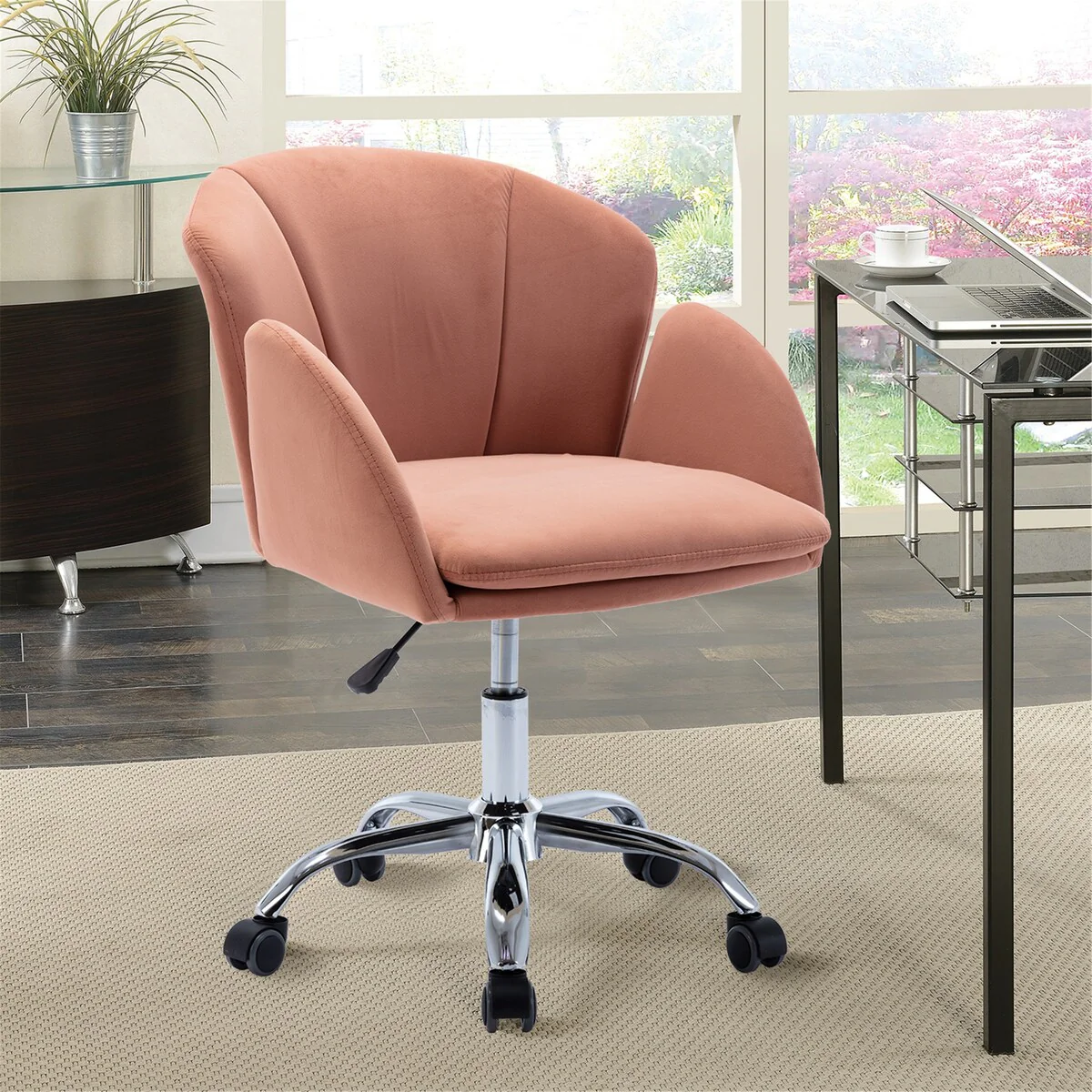 Modern Leisure Swivel Adjustable Office Chair with Velvet Fabric and Golden Feet Base