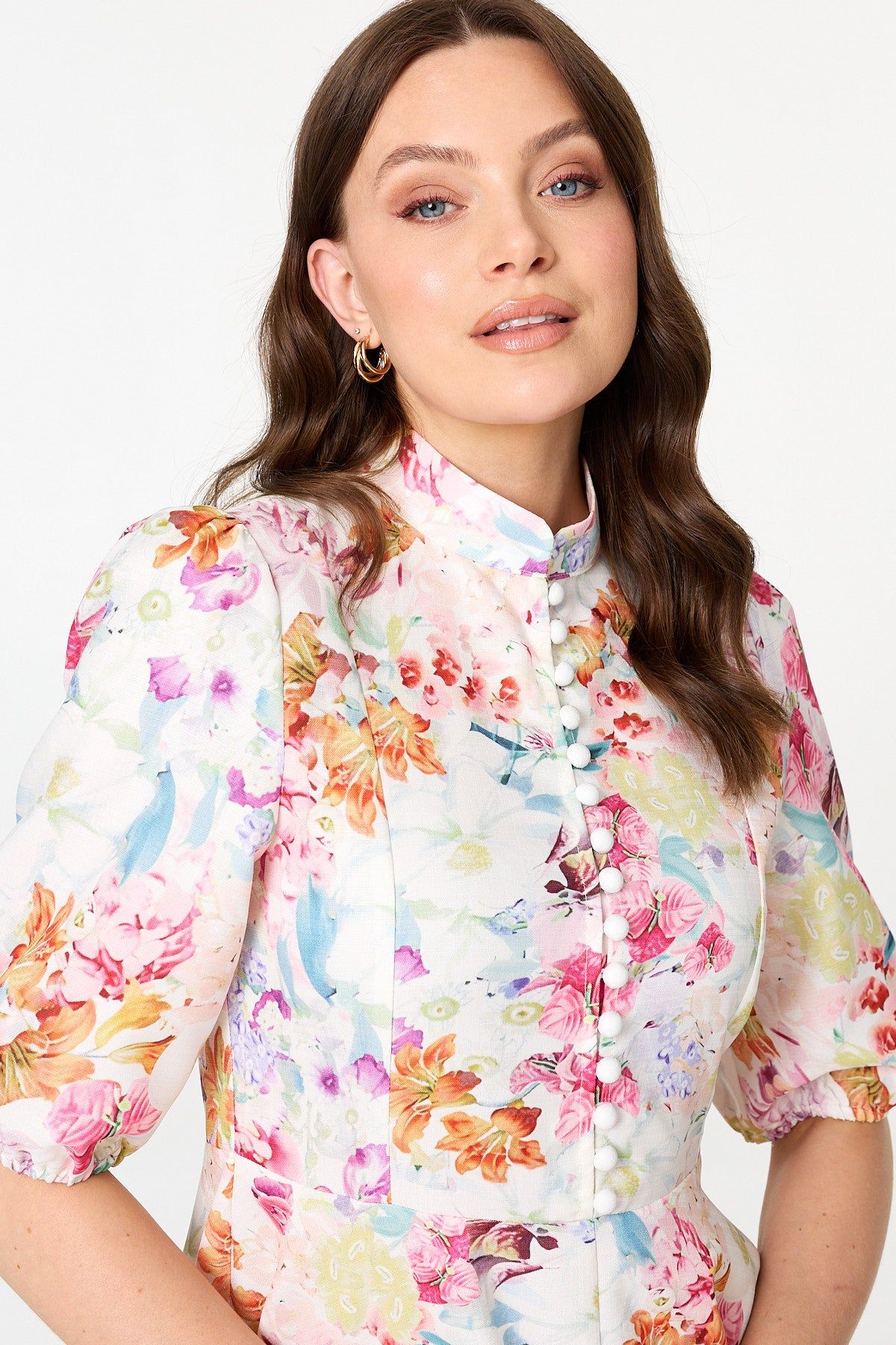 Izabel London Floral 3/4 Sleeve High Neck Midi Dress