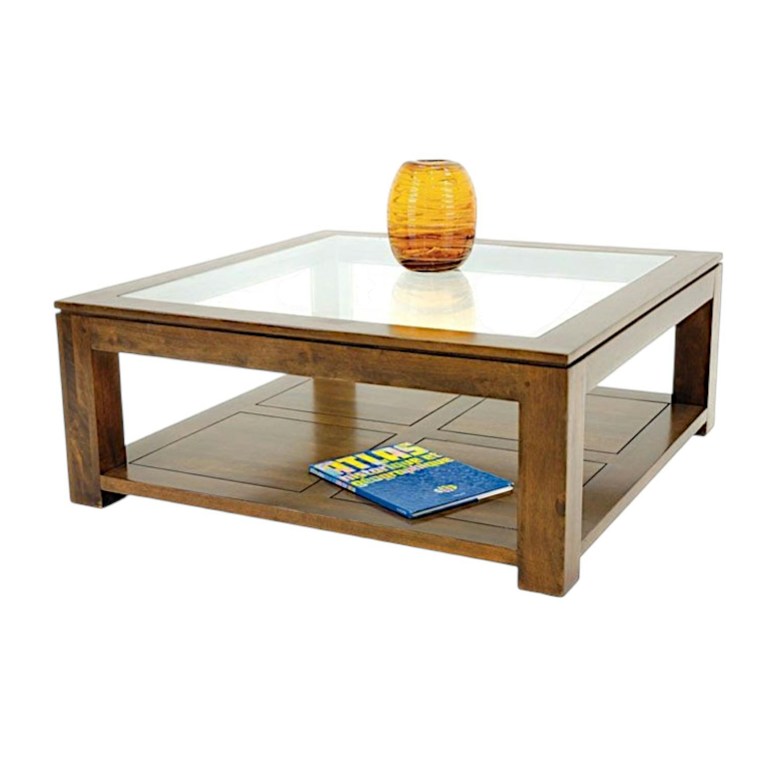 Table basse vitrée carrée hévéa 100cm HELENA