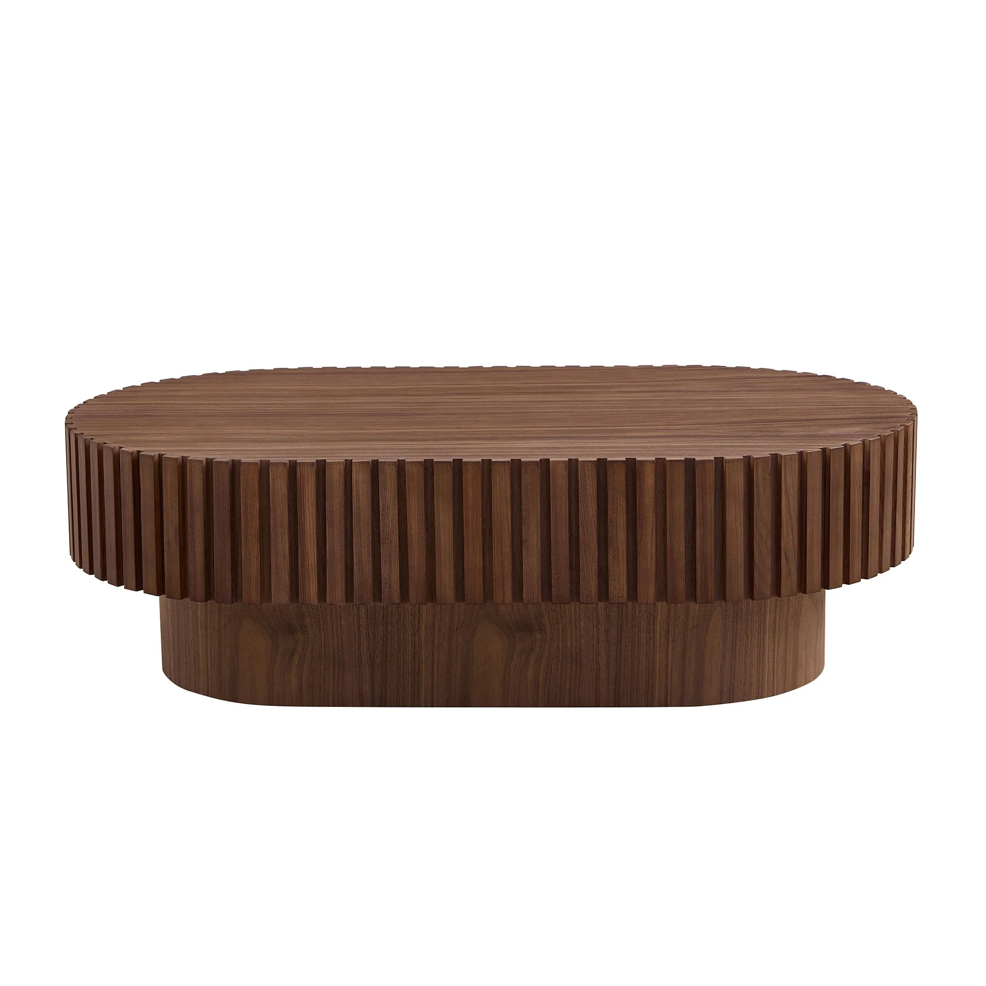 43.70 Inch Modern Handcraft Drum Coffee Table Oval Coffee Table, Small Wooden Coffee Table with Sturdy Pedestal