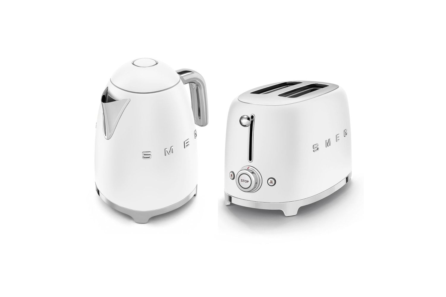 Smeg Kettle 1.7L 3Kw & 2 Slice Toaster, 50’s Style Retro Range in Matte White