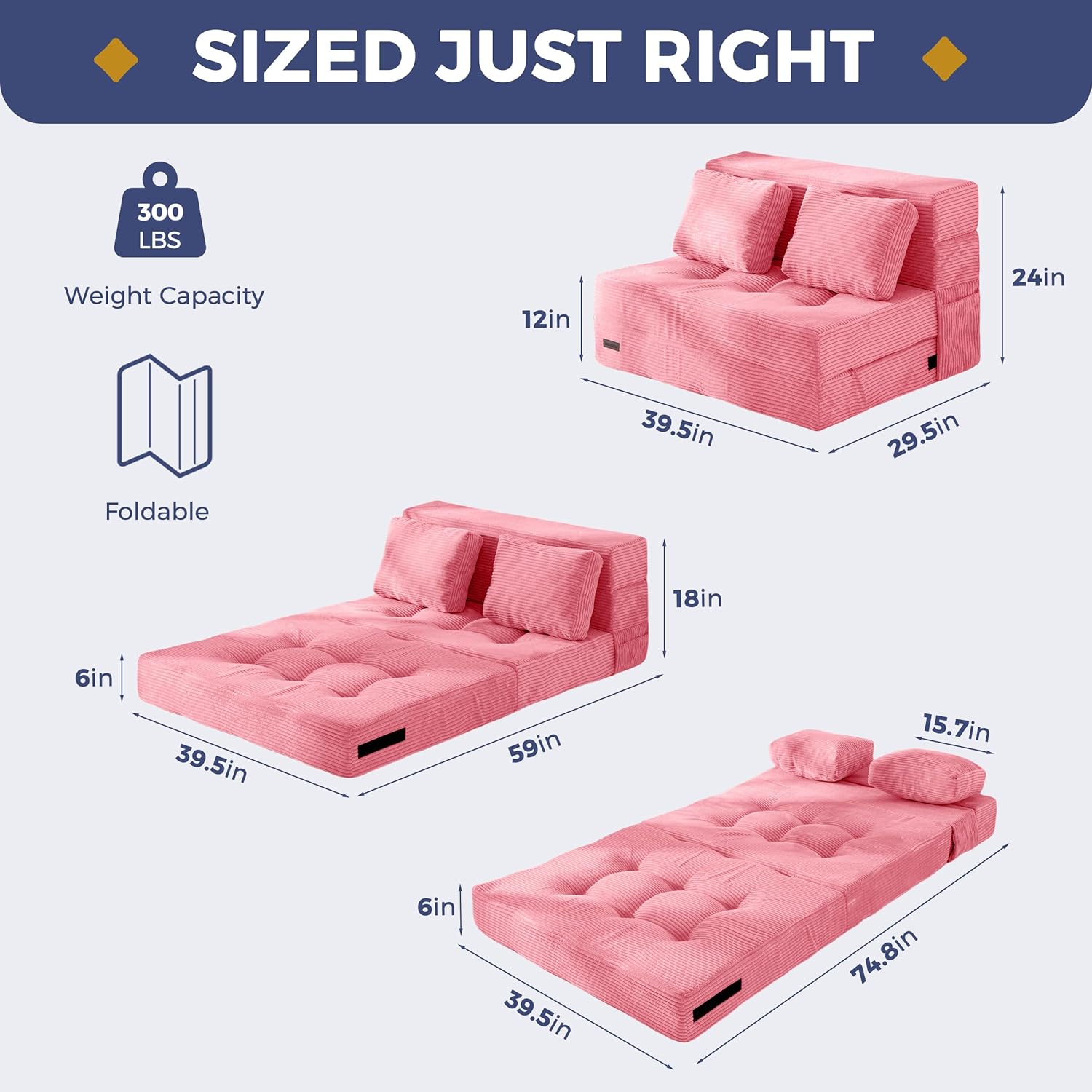 MAXYOYO Convertible Sofa Bed, Fold Out Loveseat Sleeper Sofa with Pillow, 4 in 1 Tufted Folding Couch Bed Foam Floor Couch, Lazy Chair for Living Room Bedroom Guest Room, Pink