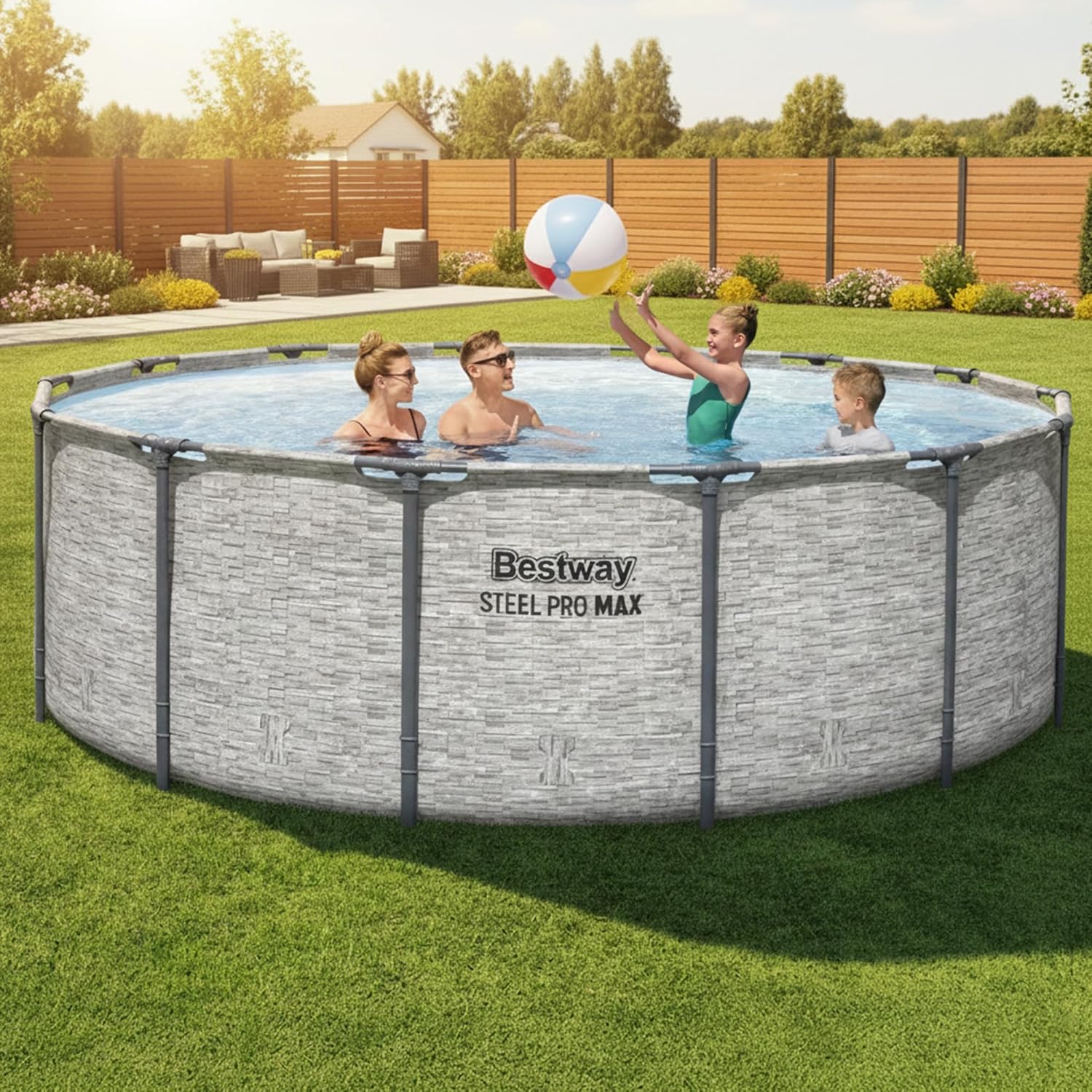 Bestway Steel Pro MAX 14' x 48 Above Ground Pool  Round Metal Frame Outdoor Swimming Pool Set with Filter Pump  Ladder  and Cover  Gray Stone Print