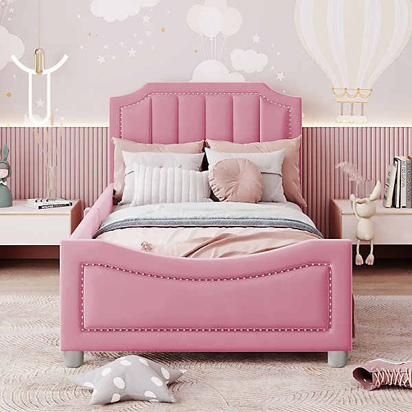Lit enfant 90x200 cm - Lit simple avec Dossier et Accoudoir, Cadre Capitonné en Flanelle - Rose