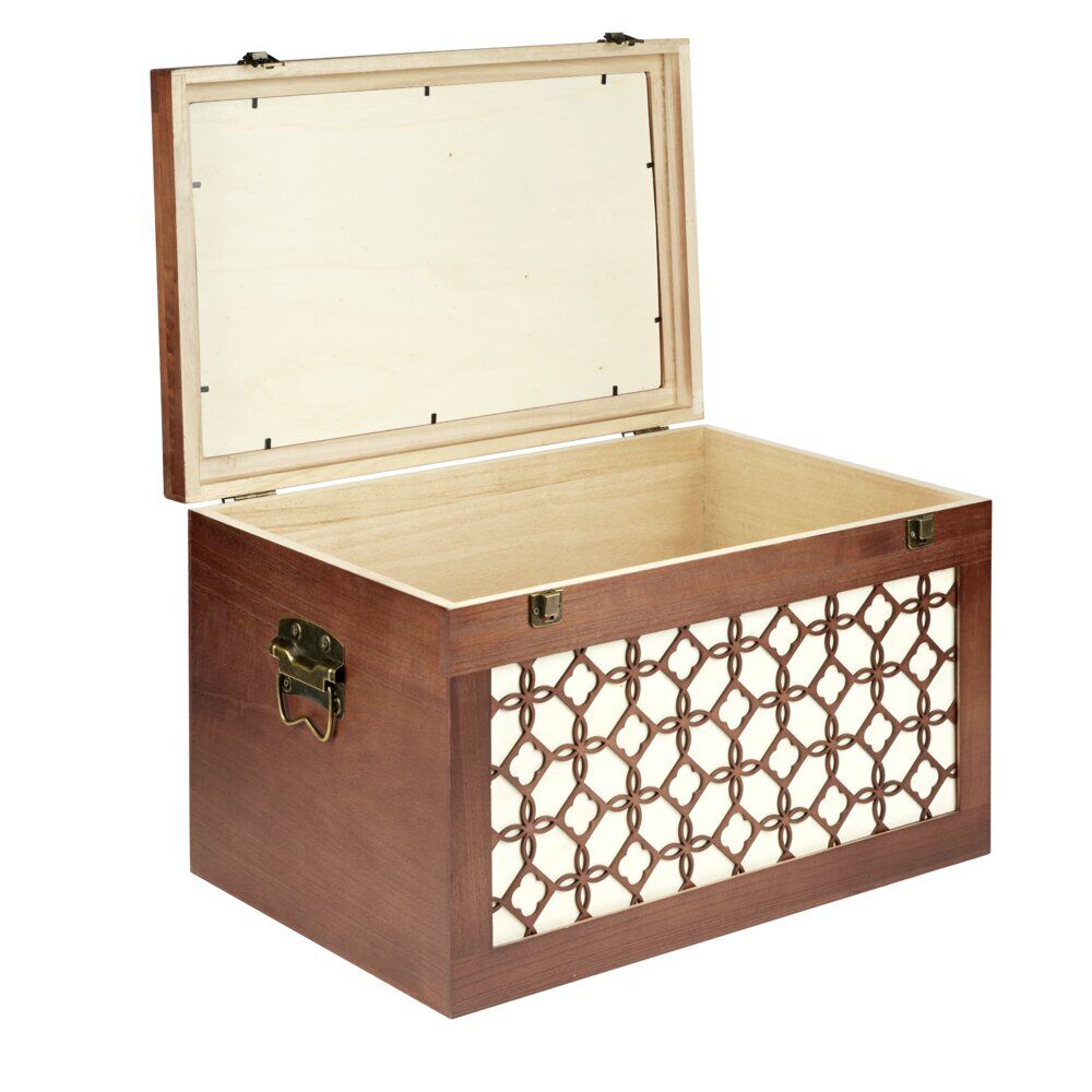 Malle rangement en bois fermeture et poignées métal carreau de ciment 48x32xH30cm
