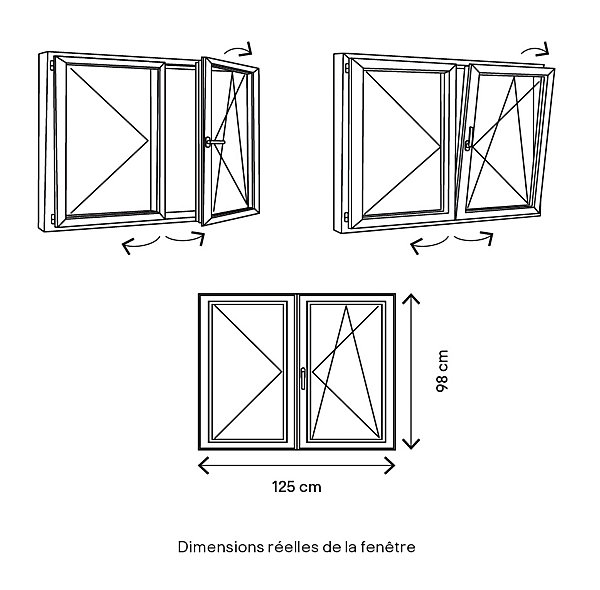 Fenêtre 2 vantaux oscillo-battante, tirant droit double vitrage GoodHome en PVC blanc l.125 x H.98 cm