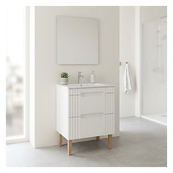 Ensemble de salle de bain FIDJI : meuble sous vasque 60cm et vasque à encastrer blanche et siphon et pieds