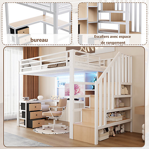 Lit mezzanine 90x200 cm en fer - Compartiments de rangement - 4 tiroirs - LED - Bureau et escalier - Blanc (sans matelas)