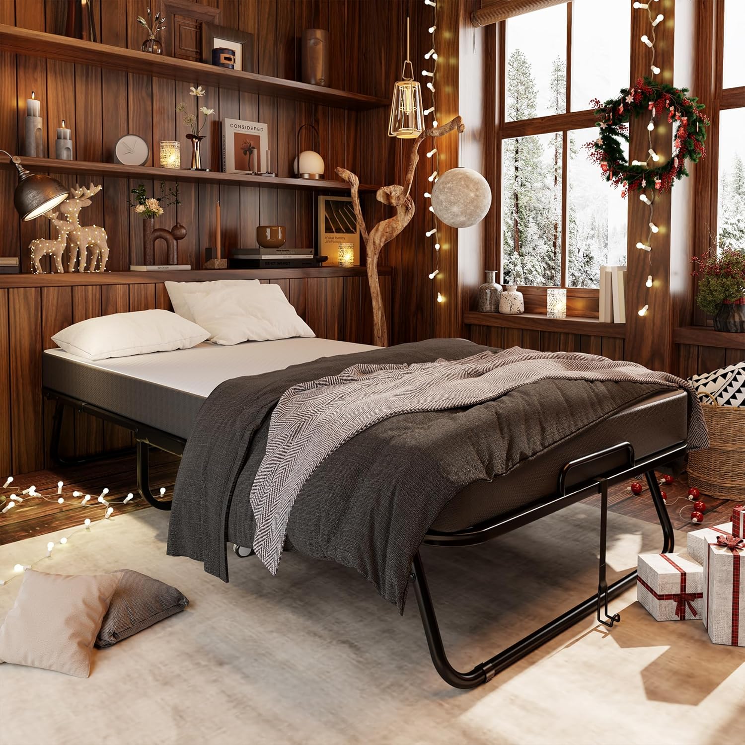 Folding Bed with 5 Mattress, 75 x 31 Roll Away Twin Beds for Adults with Storage Cover, Portable Foldable Bed with Metal Frame on Wheels for Guest, Space Saving