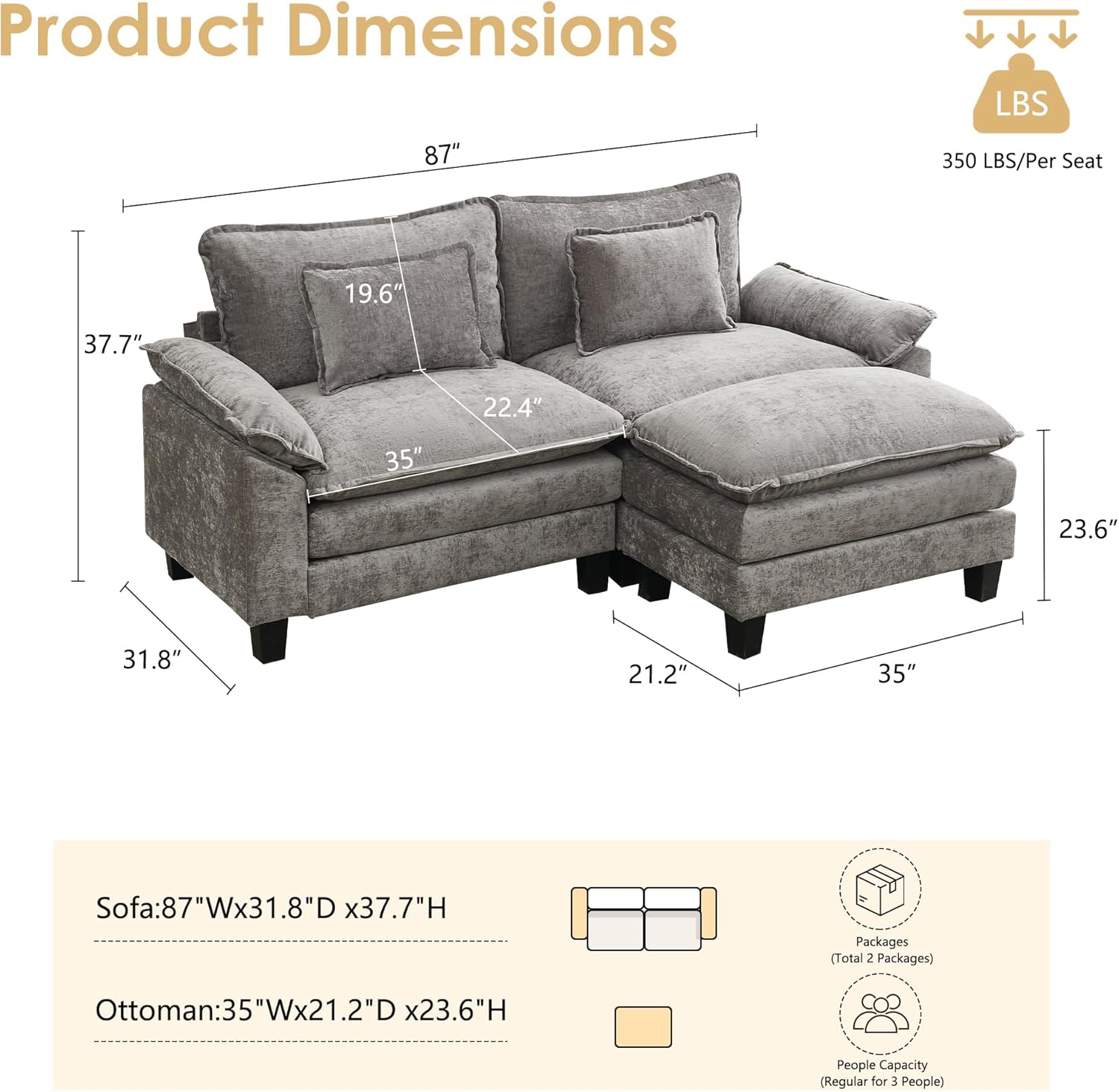 URRED Cloud Couch Modular Sectional Sofa, 87 Modern L Shaped Deep Seat Sofa with Ottoman & Pillows, Ultra Comfy Chenille Couches for Living Room, Bedroom or Apartment, Grey