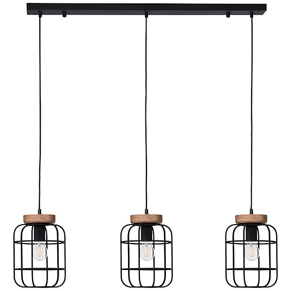 GWEN Suspension 3L bois patiné/noir mat, métal/bois, E27 40W ampoule non incluse