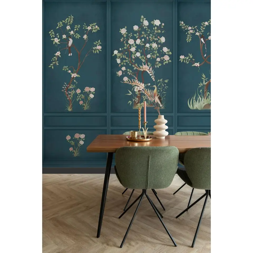 Sanders & Sanders fotobehang bloemen en vogels petrolblauw - 318 x 280 cm