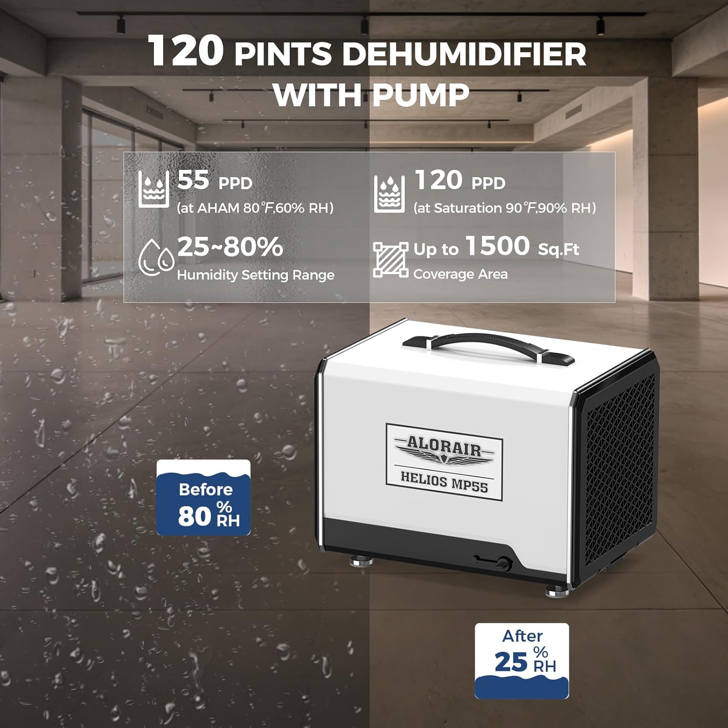 ALORAIR 120 PPD Commercial Dehumidifier with Pump, Crawl Space Dehumidifier for Up to 1,500 Sq. Ft., Portable Industrial Water Damage Unit for Basement, Home, Garage, Attic, 5-Year Limited Warranty