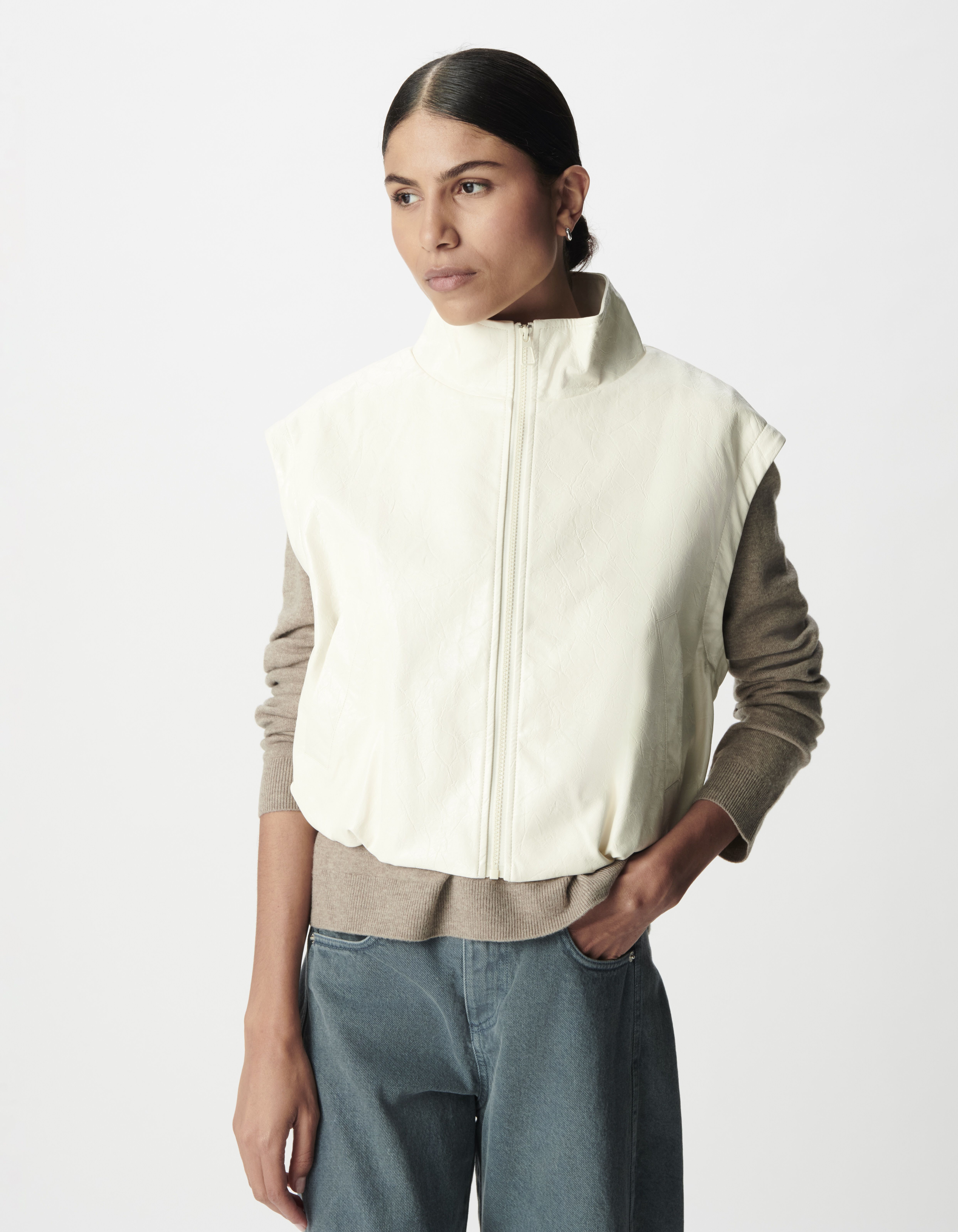 Blouson court blanc esprit rock manches amovibles Femme