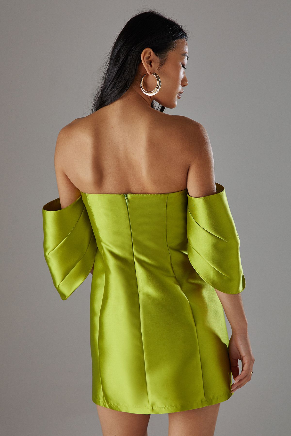 Warehouse Petite Structured Puff Sleeve Bardot Mini Dress