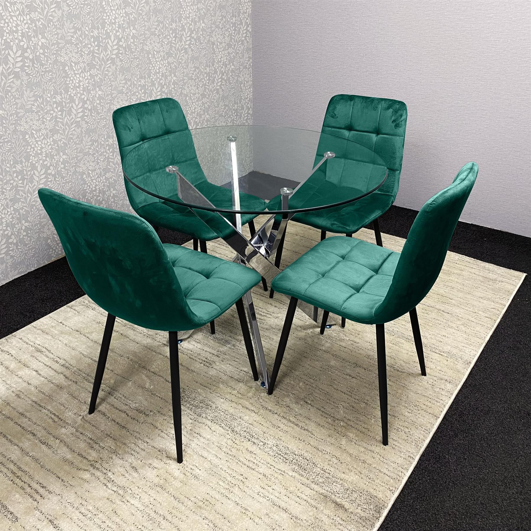 KOSY KOALA Modern Round Glass Dining Table Set With 4 Green Velvet Chairs Dining Room Furniture